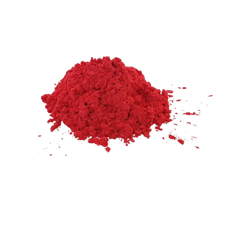 Close up of red pigment powder used for candle dye and wax color