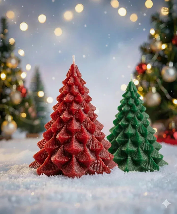Red and green tree shaped candles displayed together for Christmas decoration