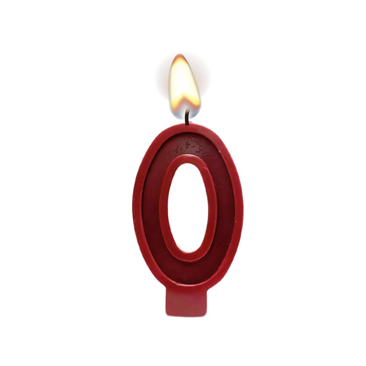 Red number 0 birthday candle with flame for cake decoration