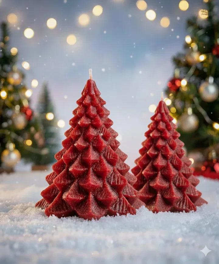 Red tree candles arranged together with soft glowing lights in festive background