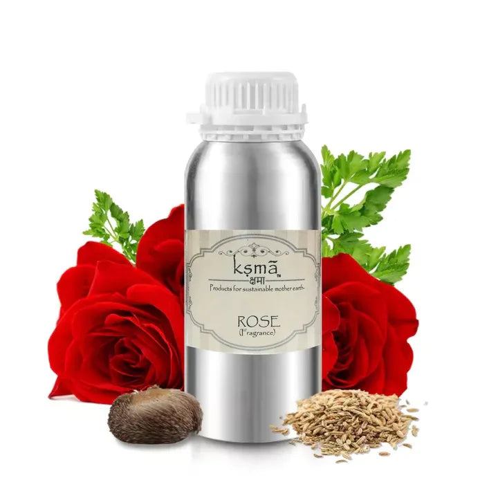 Rose fragrance oil product bottle with rose flowers showing scent inspiration