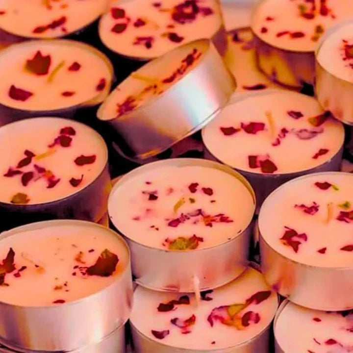 top view of rose leaf tealight candles arranged in grid aesthetic decorative candles
