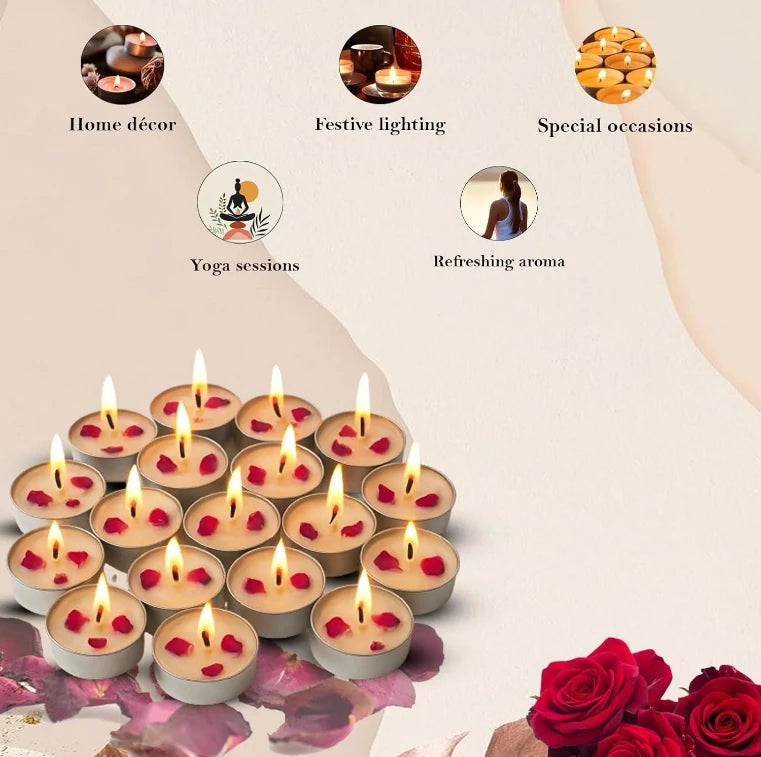 Rose tealight candles used in home decor setup for festive and decorative arrangements