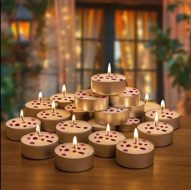 Rose scented tealight candles glowing in decorative setup creating warm festive ambience