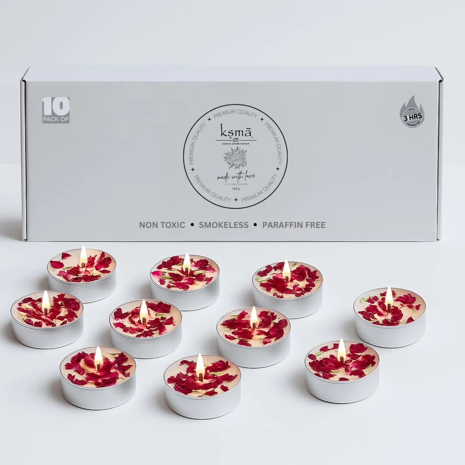 Rose scented tea light candles set of 10 with product box packaging display