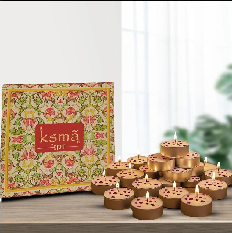 Rose tealight candles set packaging with product details and design overview