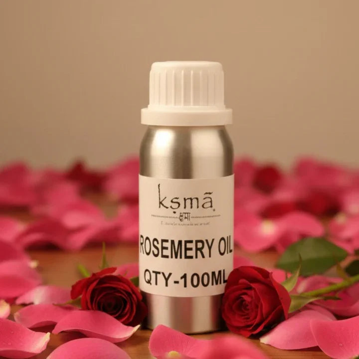 Rosemary oil bottle placed with decorative flowers on soft background for aroma and home use
