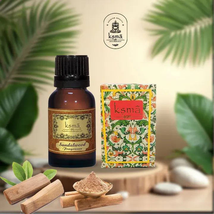 Sandalwood fragrance oil bottle with decorative packaging and wood theme background