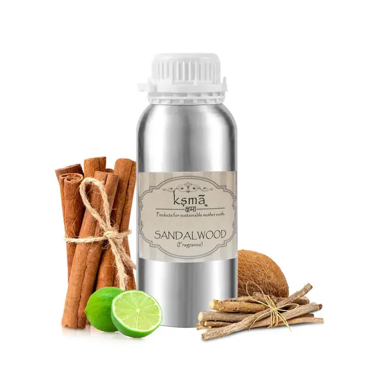 Sandalwood fragrance oil product bottle with sandalwood sticks showing woody aroma inspiration