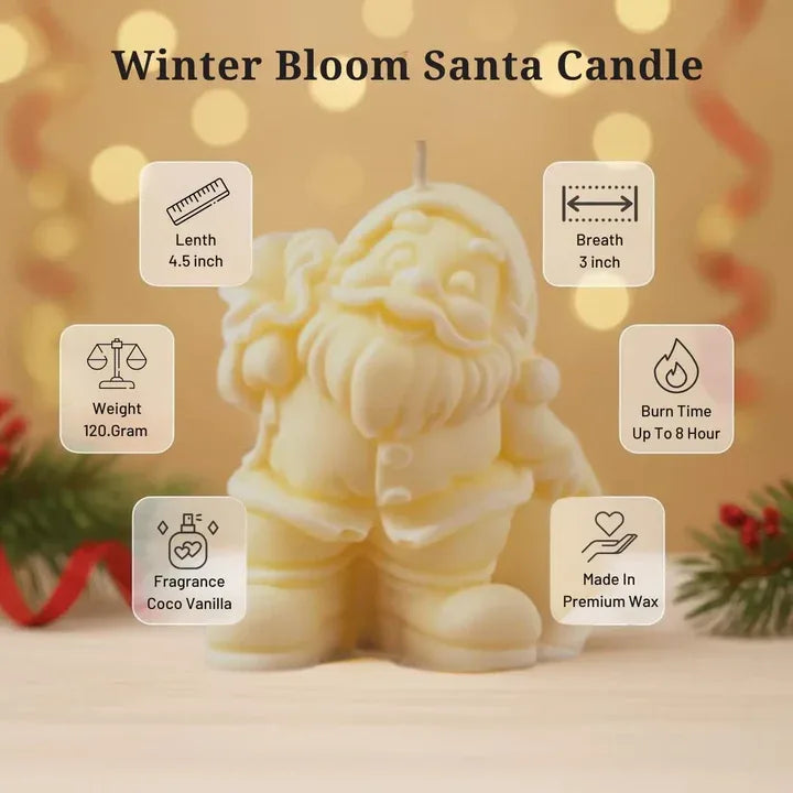 Santa Claus bag candle styled with Christmas props like pine cones and ornaments