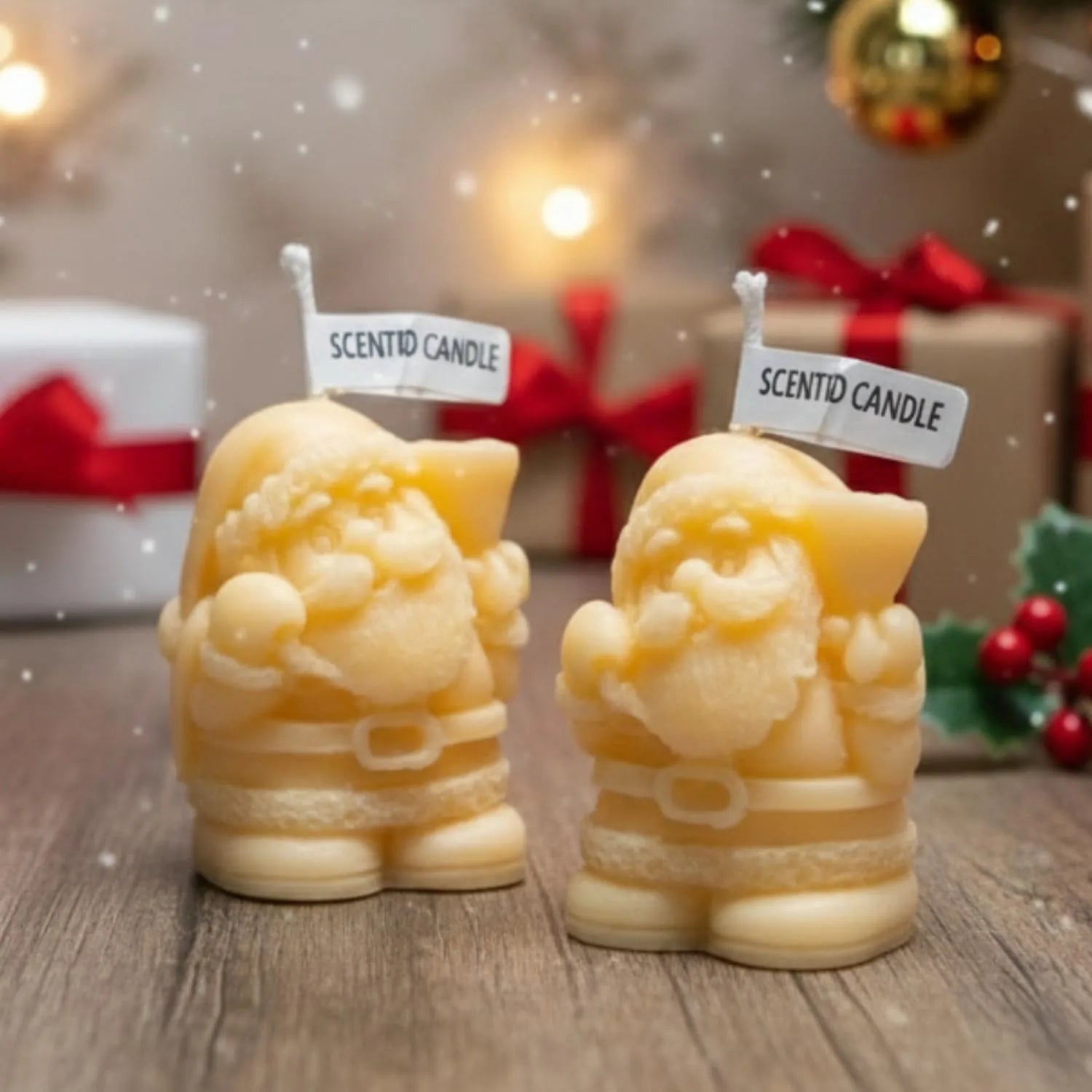 Set of two small Santa Claus decorative candles placed together on table with festive background