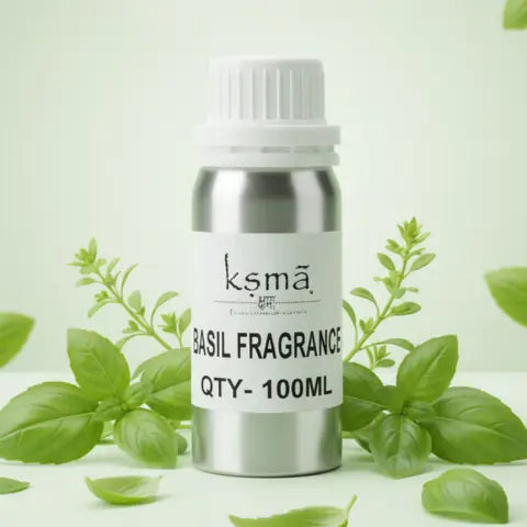 Spearmint basil fragrance oil bottle placed with fresh green mint and basil leaves