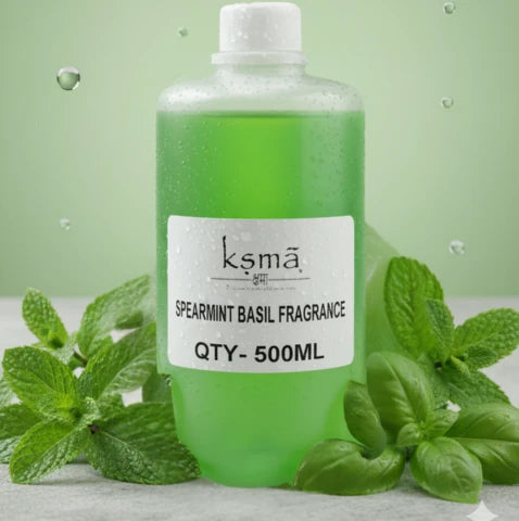Spearmint basil fragrance oil product image with mint leaf background