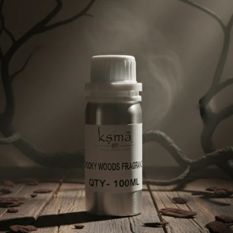 Spooky wood fragrance oil bottle placed on wooden surface with dark moody background