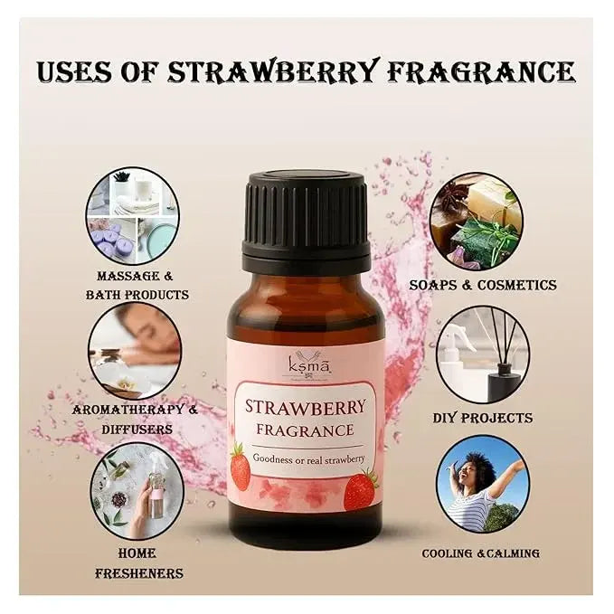 Strawberry fragrance oil with ingredient details and usage information layout