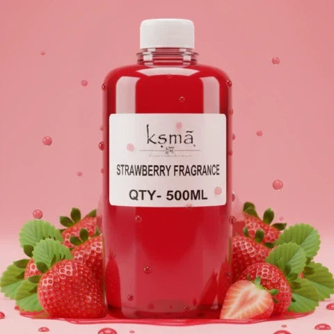 Strawberry fragrance oil in red bottle placed with fresh strawberries