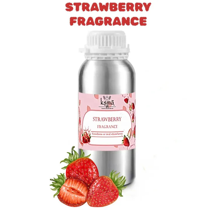 Strawberry fragrance oil in white bottle with fruit background display