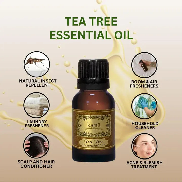 Infographic showing key features and uses of tea tree essential oil