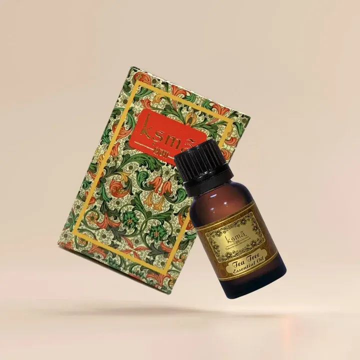 Tea tree essential oil bottle with decorative packaging box