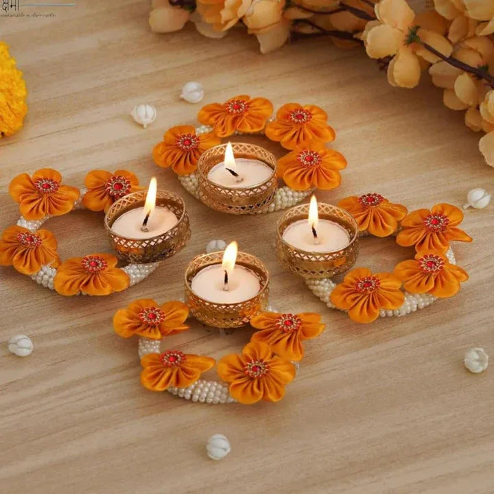 Tealight candles arranged for festive decoration setup