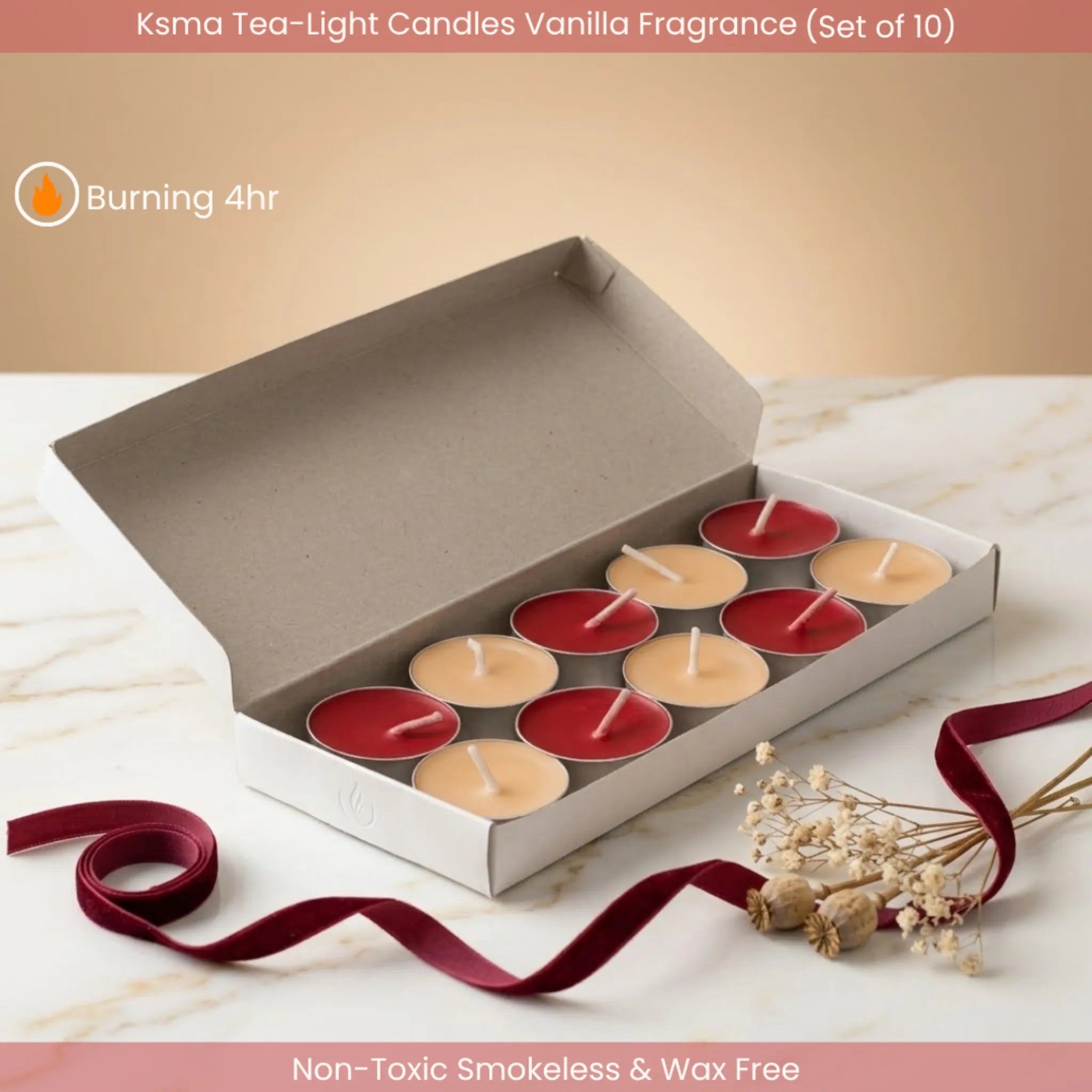 Tealight candles arranged inside gift box packaging