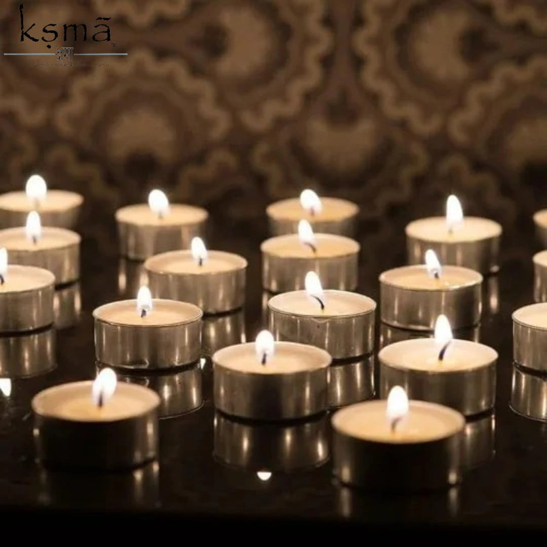 Lit tealight candles creating warm ambient lighting for home decor