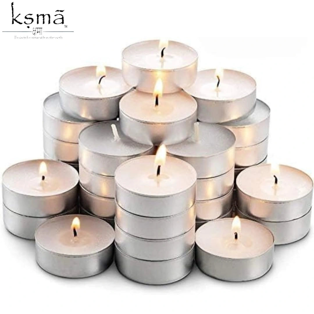 Top view of multiple tealight candles arranged in neat grid pattern