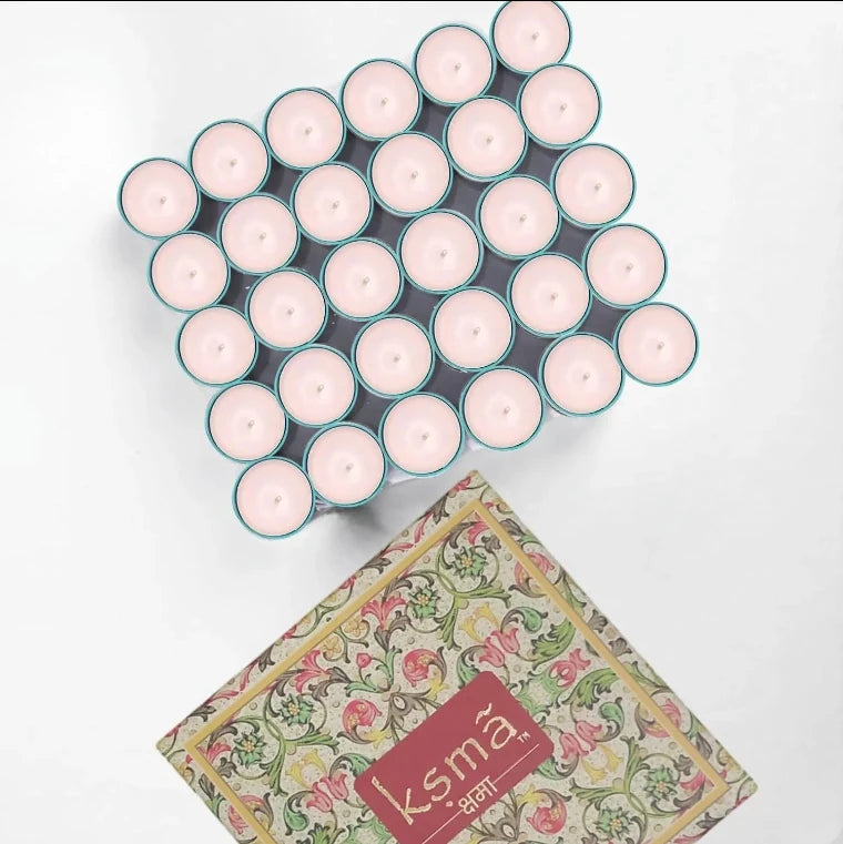 Top view of tealight candle set with packaging