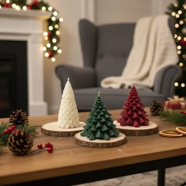 Christmas tree candle set styled in home decor setup with mirror and festive background