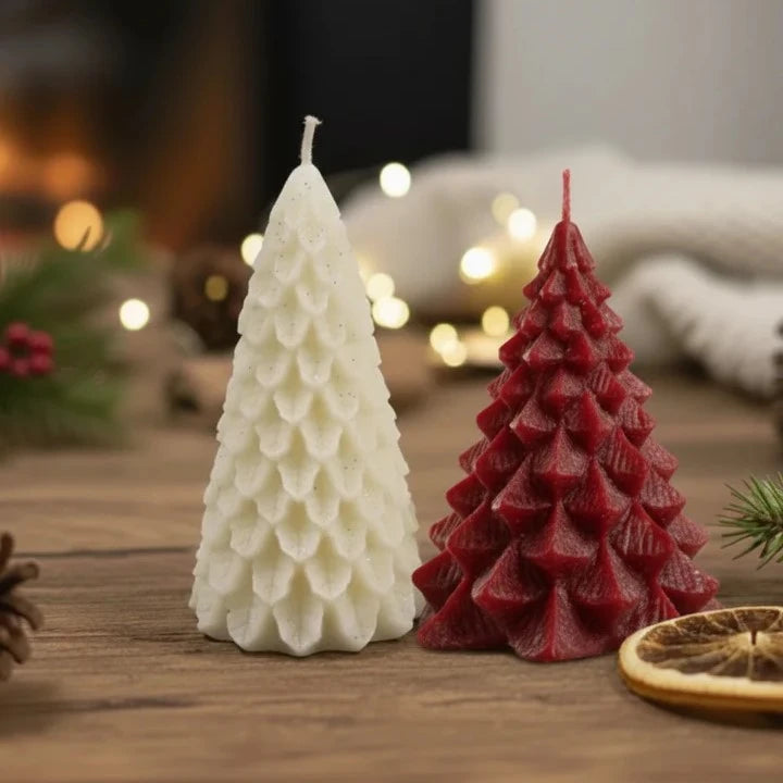 Tree shaped candles in different colors arranged together for festive display