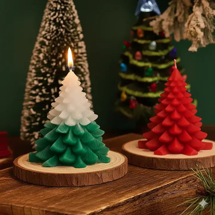 Tree candle placed on wooden base with cozy festive background lighting