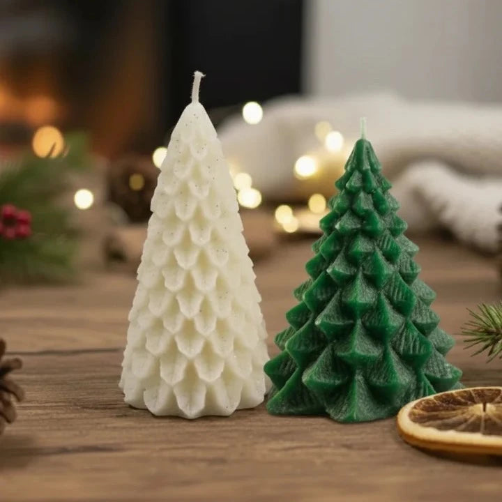 Tree candles styled in Christmas Decor setting with lights and ornaments in background