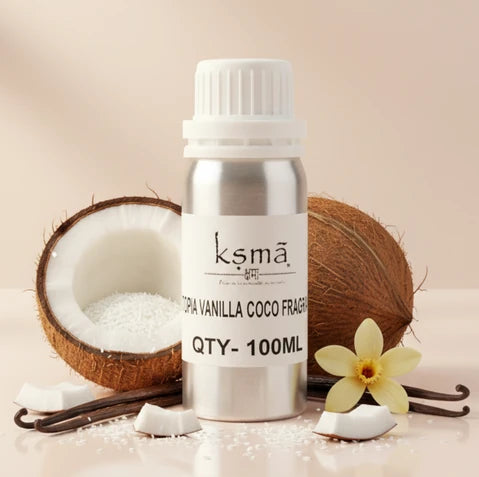 Utopia vanilla coco fragrance oil bottle with coconut and vanilla setup