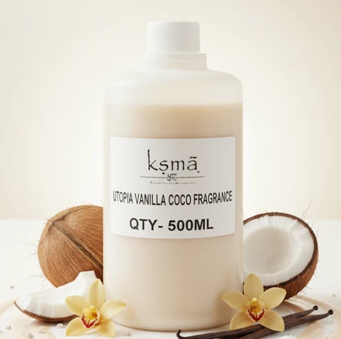 Vanilla coco fragrance oil bottle product display with coconut pieces