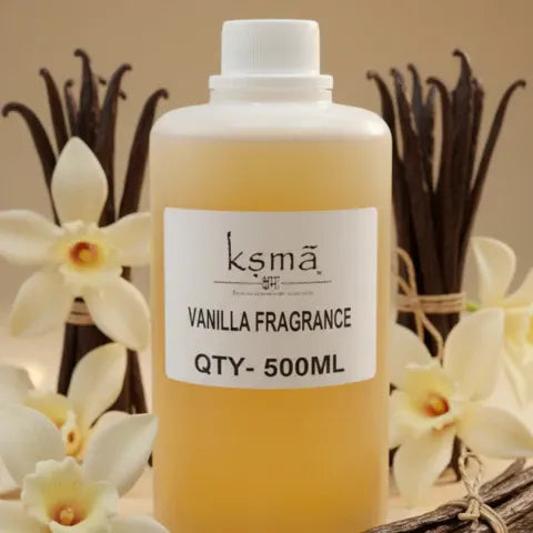 Vanilla fragrance oil large container bottle product display with vanilla theme background