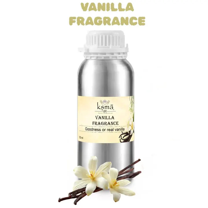 Vanilla fragrance oil bottle with vanilla pods showing sweet aroma inspiration