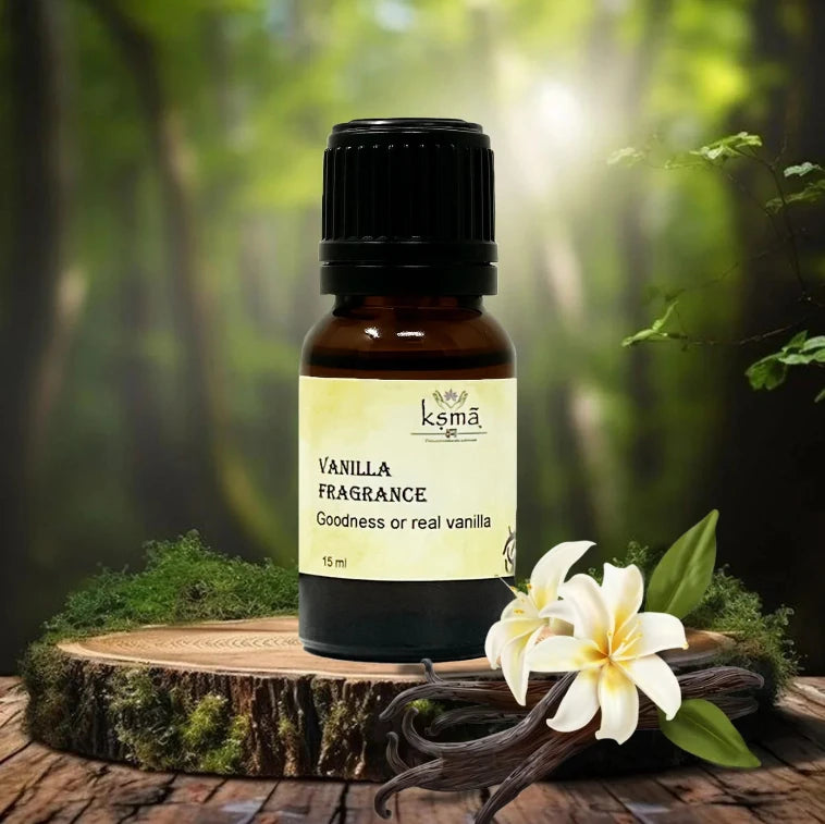 Vanilla fragrance oil bottle placed with vanilla flowers and wooden base background