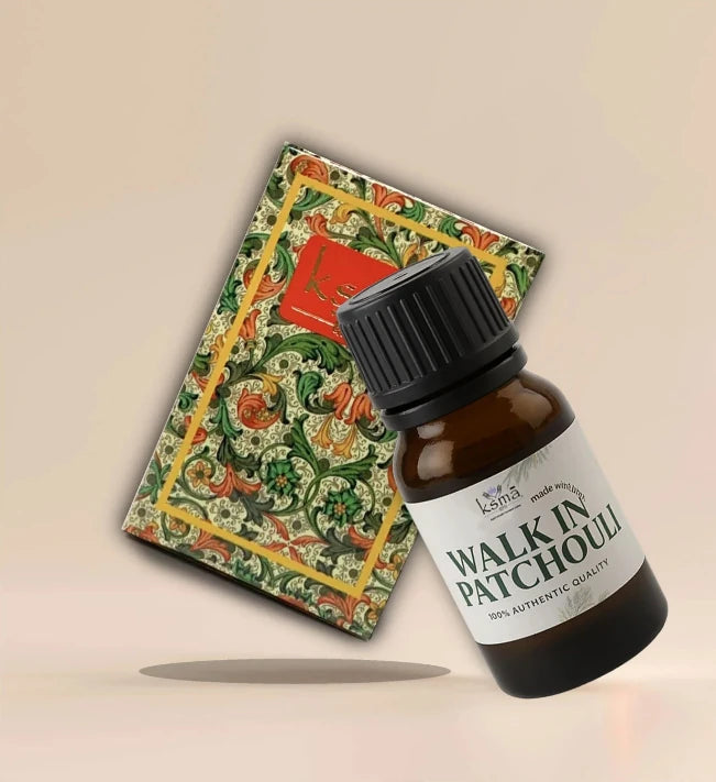 Walk in patchouli fragrance oil bottle product display with decorative card background