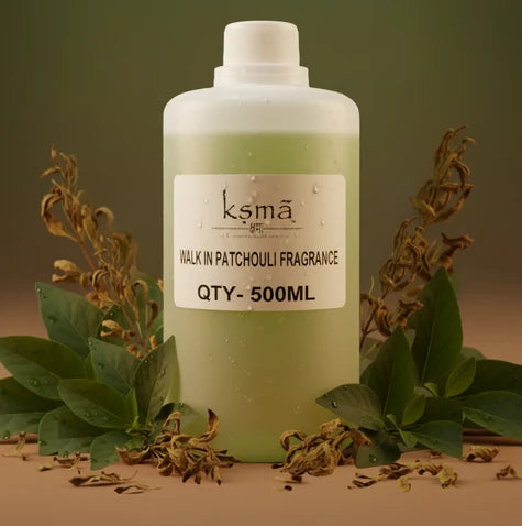 Walk in patchouli fragrance oil product image with amber wood background